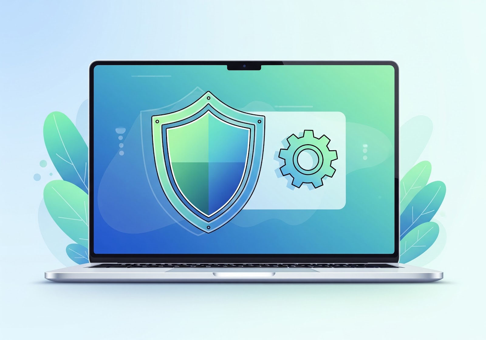 An illustration of a laptop with a shield icon, symbolizing security and protection, and a gear icon, representing settings and compliance.